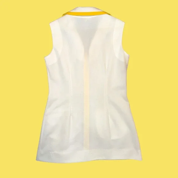 Vintage David Crystal Lacoste Tennis Dress White Yellow Zip Front Mod Womens L - Picture 2 of 4